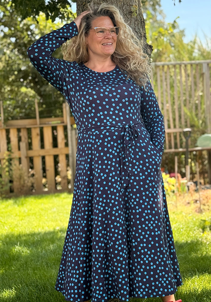 Bailee Navy &amp; Teal Polka Dot Print Viscose Midi Dress