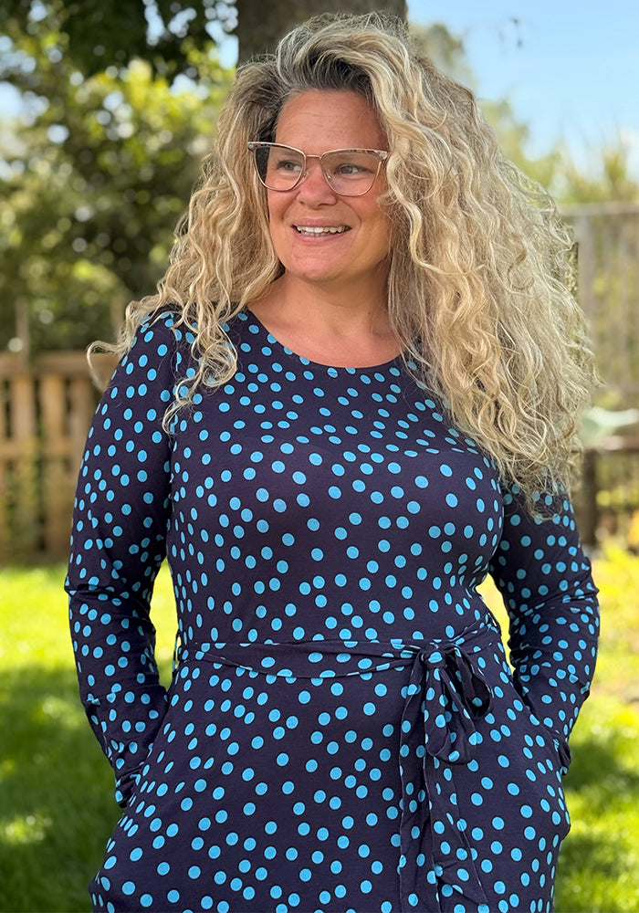 Bailee Navy &amp; Teal Polka Dot Print Viscose Midi Dress