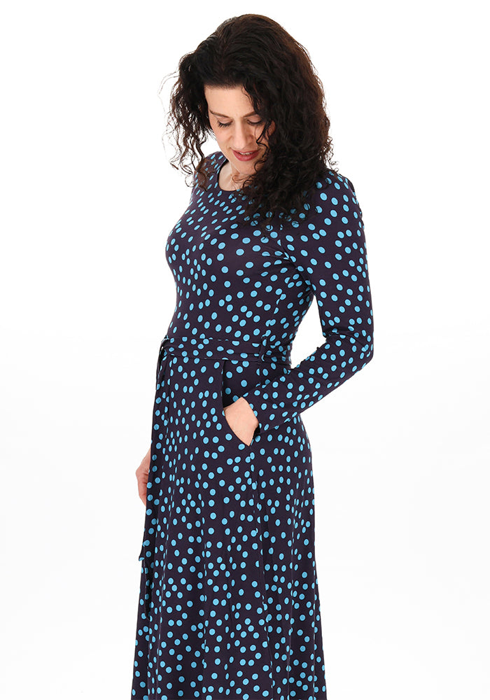 Bailee Navy &amp; Teal Polka Dot Print Viscose Midi Dress