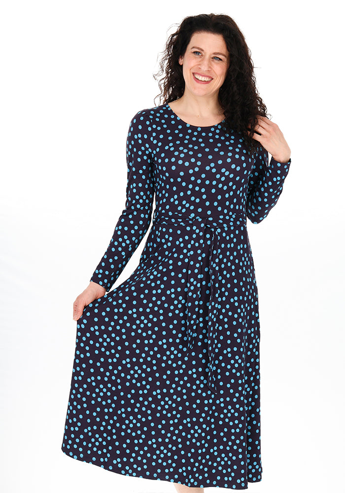Bailee Navy &amp; Teal Polka Dot Print Viscose Midi Dress