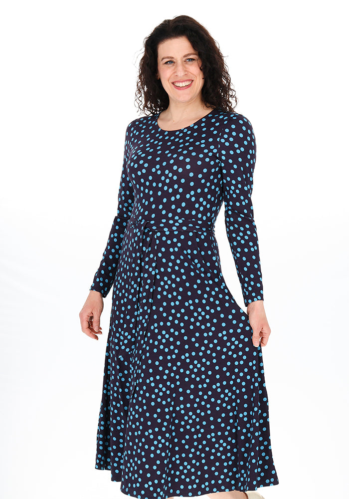 Bailee Navy &amp; Teal Polka Dot Print Viscose Midi Dress
