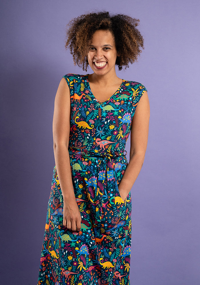 Bambiraptor Dinosaur Print Cotton Midi Dress