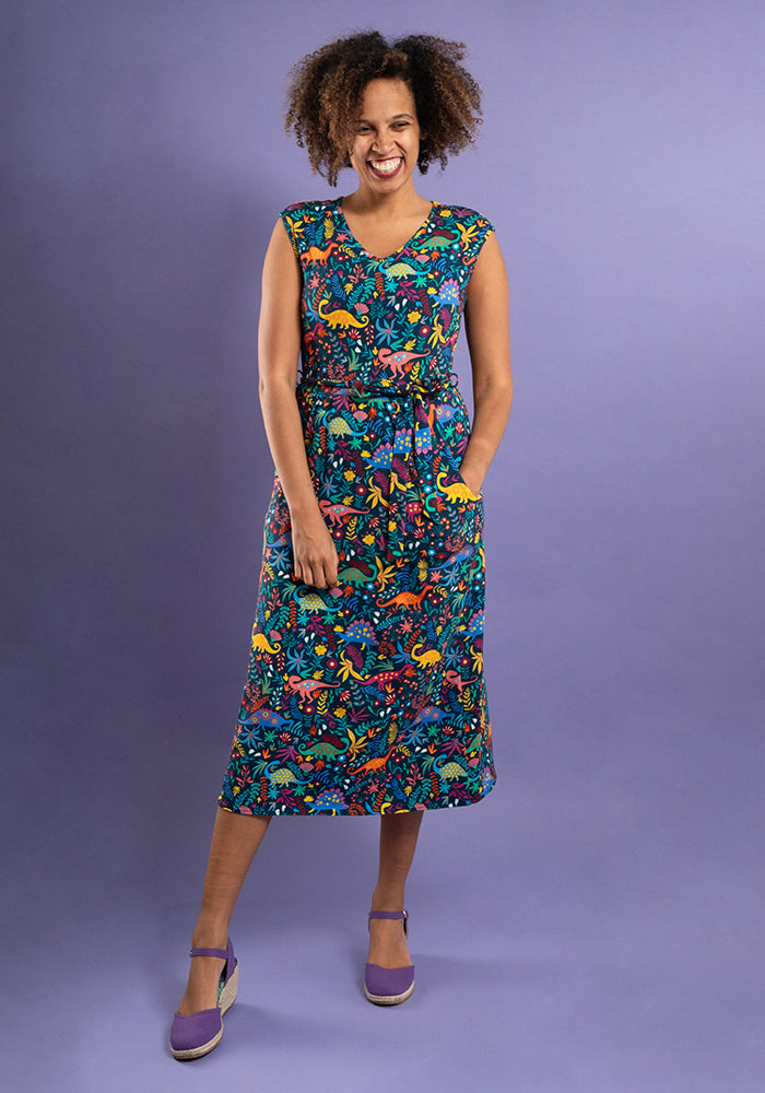 Bambiraptor Dinosaur Print Cotton Midi Dress