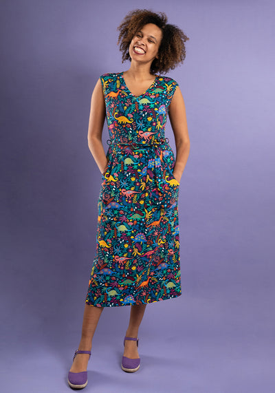 Bambiraptor Dinosaur Print Cotton Midi Dress