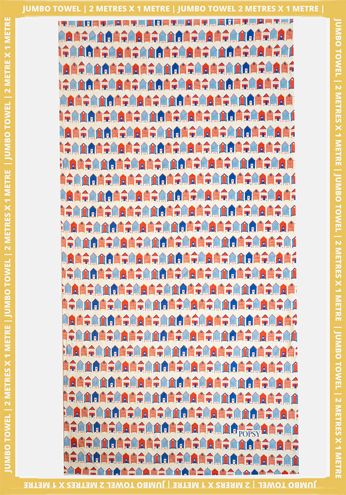Front view of Beach Hut Print Jumbo Bath Sheet, a jumbo bath sheet with a classic beach holiday vibe.