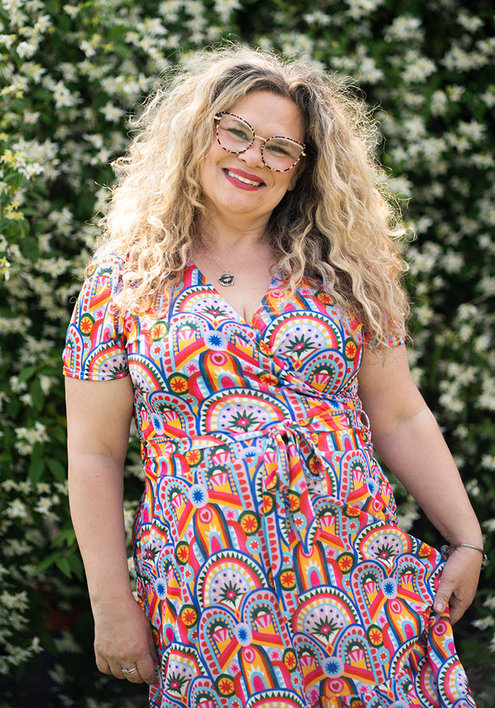Eighth angle of Bebe Hand Painted Deco Print Tiered Hem Midaxi Dress