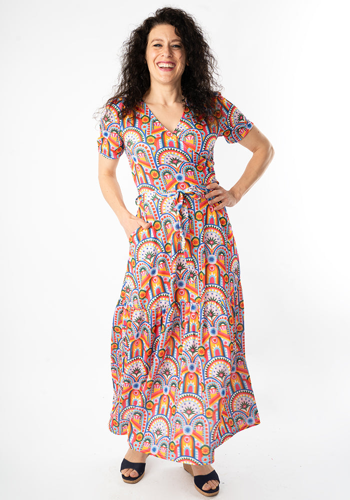 Third angle of Bebe Hand Painted Deco Print Tiered Hem Midaxi Dress