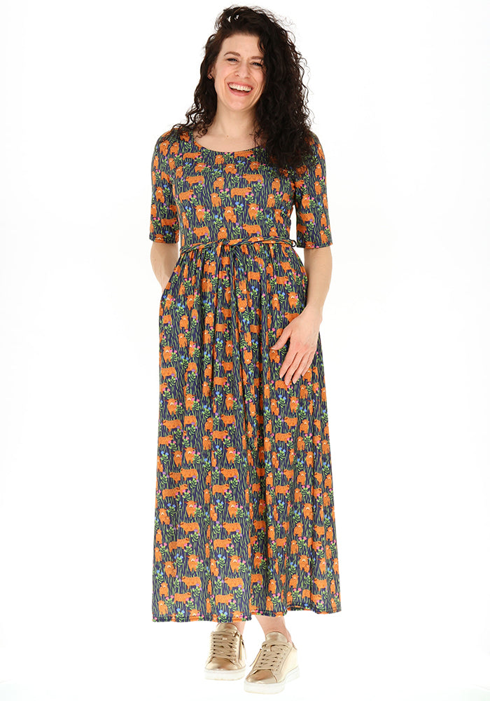 Front view of Berkleigh Highland Cow Print Jersey Midaxi Dress