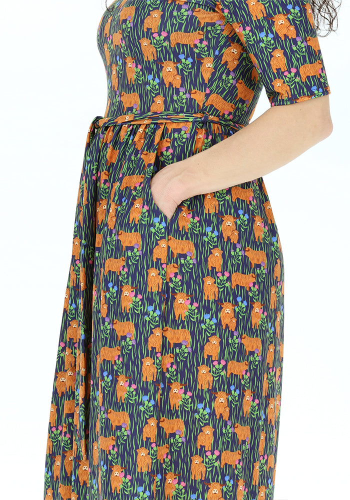 Third angle of Berkleigh Highland Cow Print Jersey Midaxi Dress