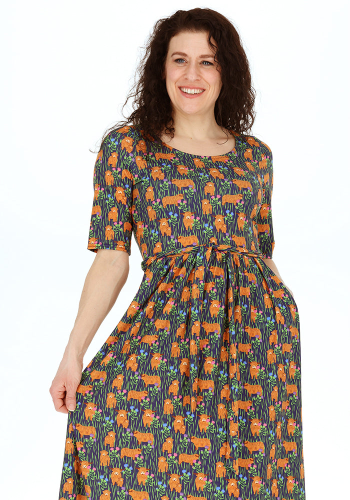 Fifth angle of Berkleigh Highland Cow Print Jersey Midaxi Dress