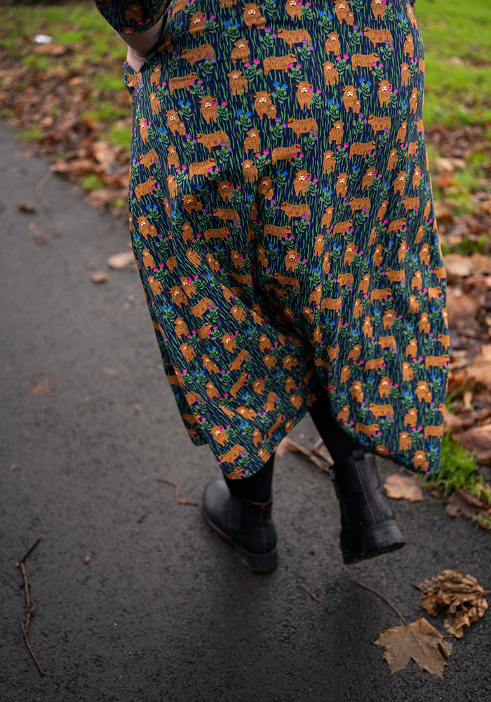 Bertha Highland Cow Print Cotton Midi Dress