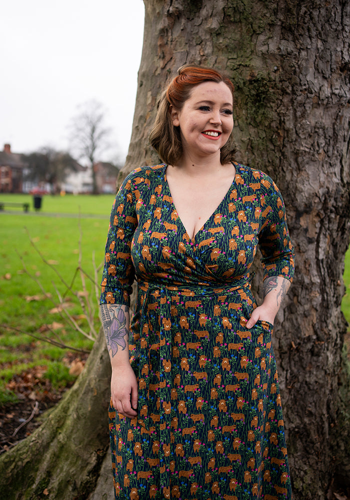 Bertha Highland Cow Print Cotton Midi Dress