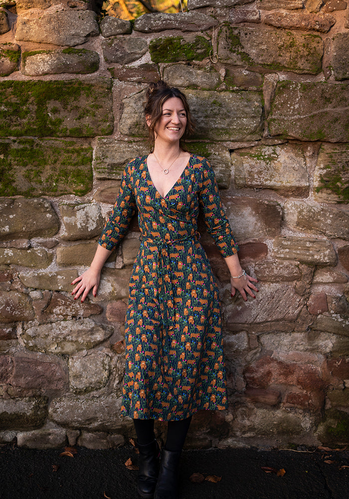 Bertha Highland Cow Print Cotton Midi Dress