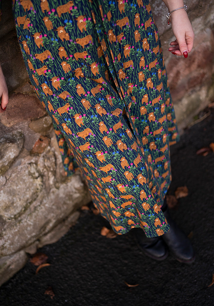 Bertha Highland Cow Print Cotton Midi Dress
