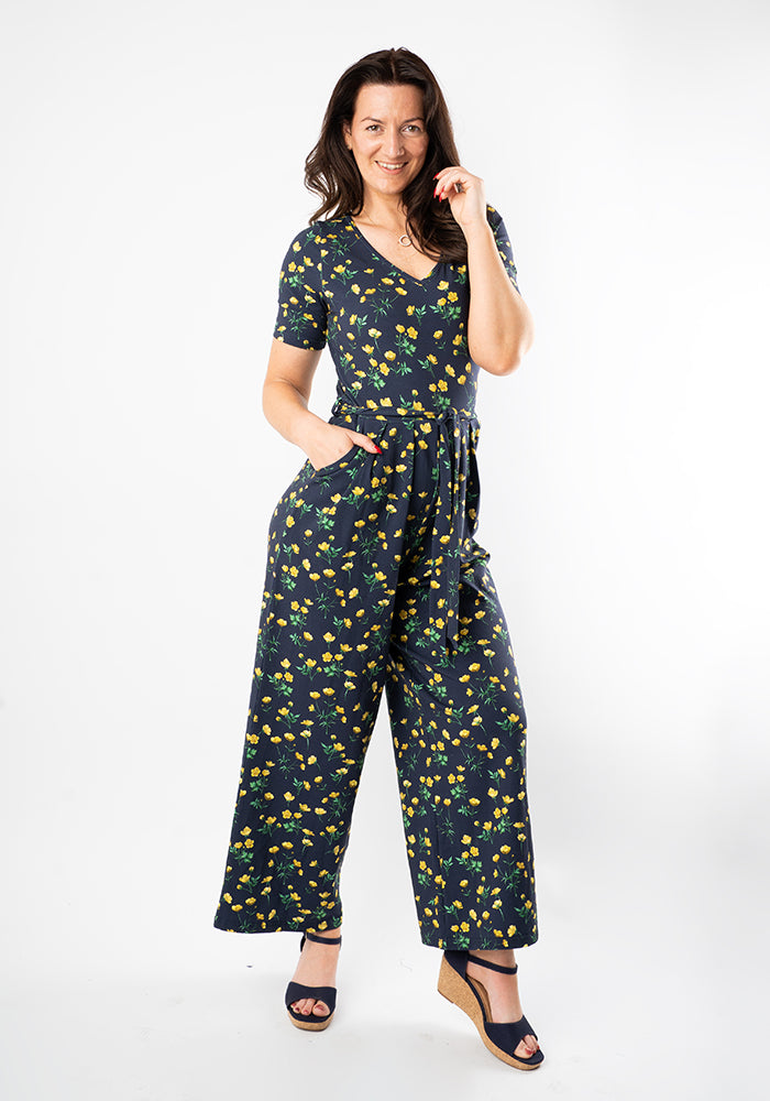 Third angle of Bettie Buttercup Print Culotte Leg Cotton Jumpsuit