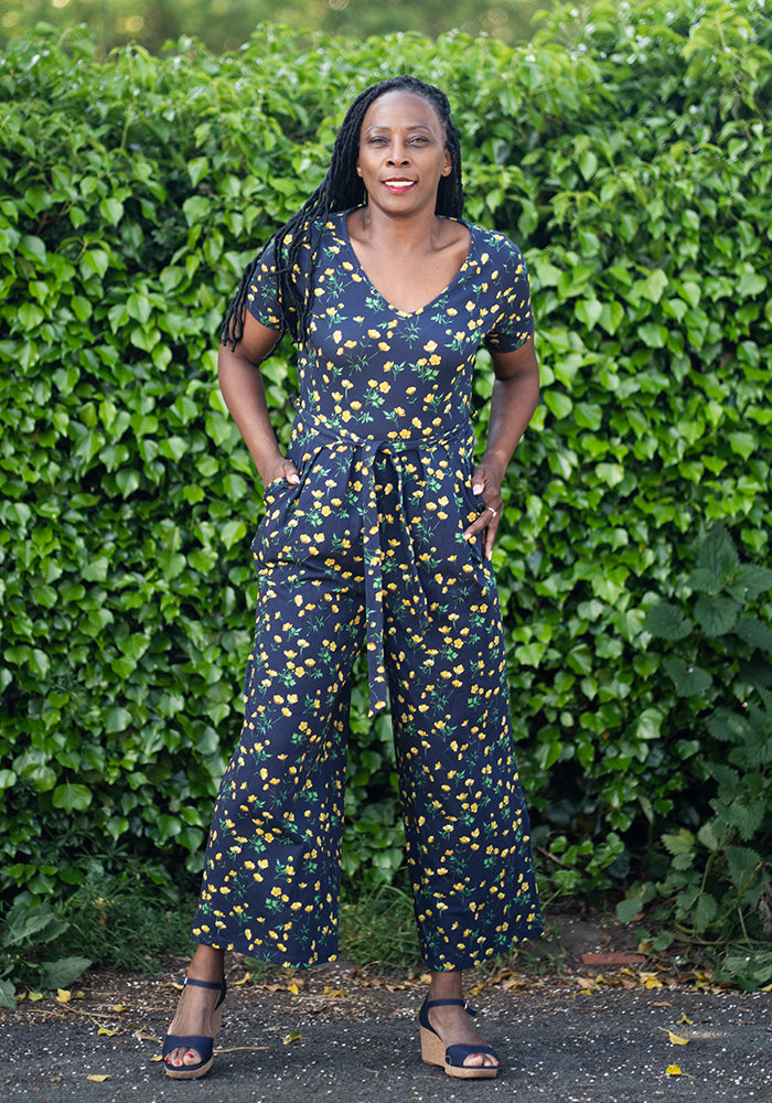 Front view of Bettie Buttercup Print Culotte Leg Cotton Jumpsuit
