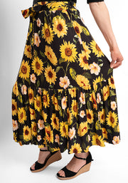 Bina Sunflower Print Viscose Tiered Hem Midi Skirt
