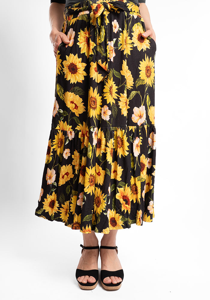 Bina Sunflower Print Viscose Tiered Hem Midi Skirt
