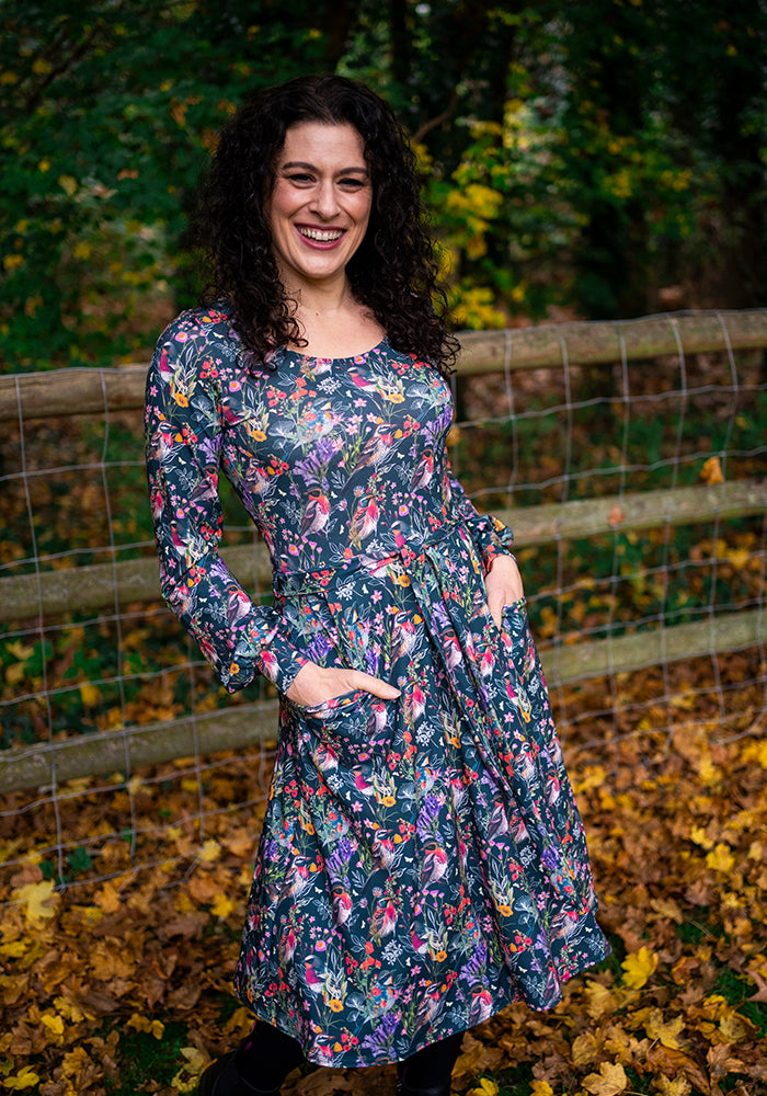 Front view of Birch Hidden Bird Print Dress