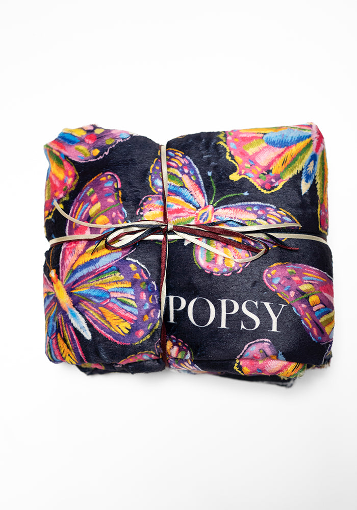 Front view of Sketched Butterfly Print Pop-under Plush Blanket