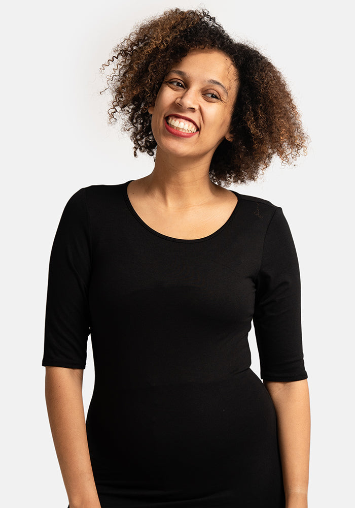 Front view of Black 1 and 2 Sleeve Round Neck Top, this viscose elastane blend is soft, breathable, and beautifully drapey.