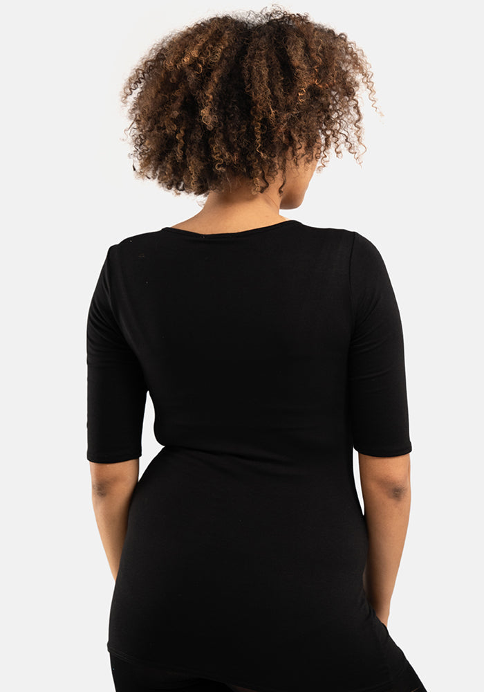 Second angle of Black 1 and 2 Sleeve Round Neck Top, this viscose elastane blend is soft, breathable, and beautifully drapey.