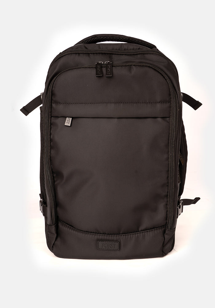 Front view of Black Cabin Bag, a lightweight plain black cabin bag.