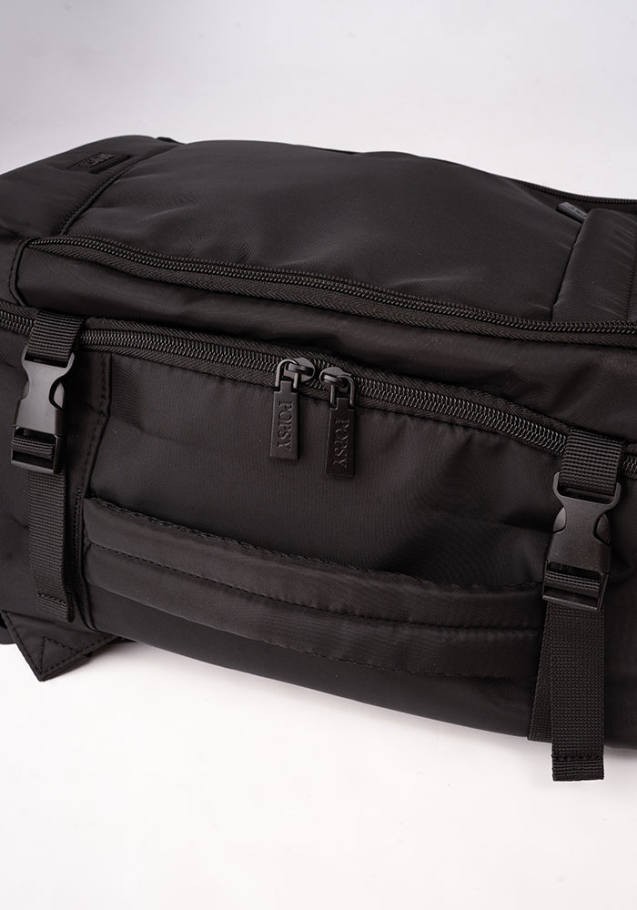 Third angle of Black Cabin Bag, a lightweight plain black cabin bag.