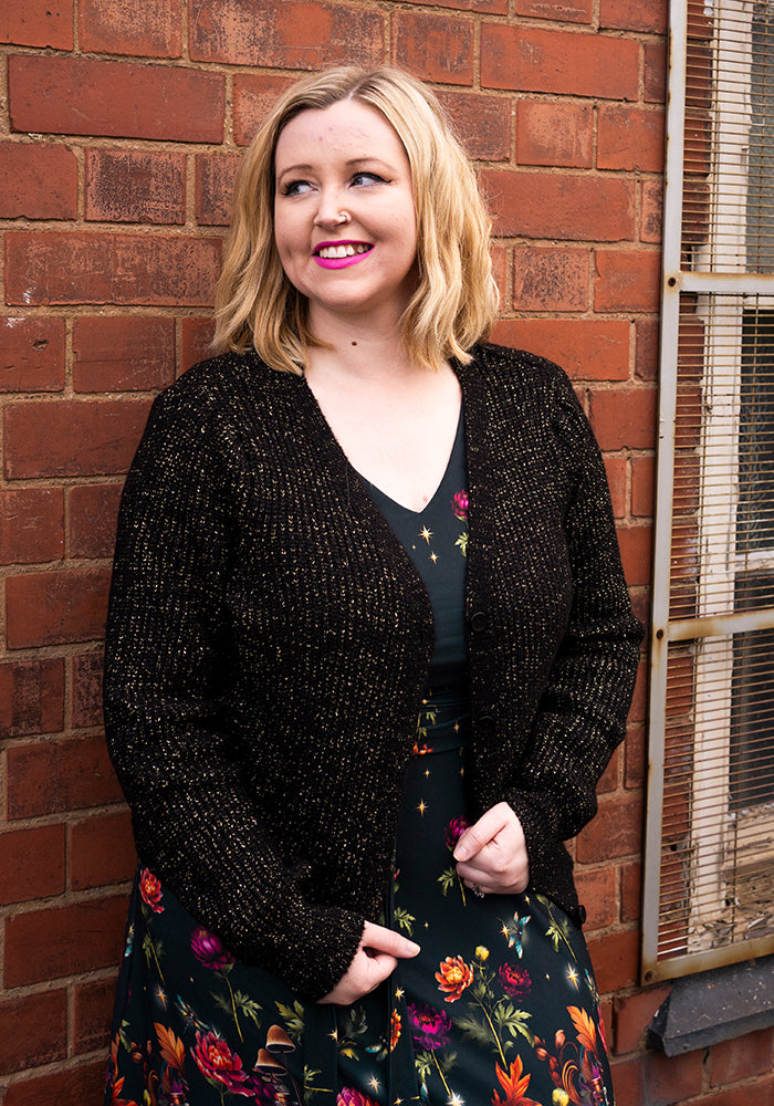 Front view of Black &amp; Gold Lurex Cardigan