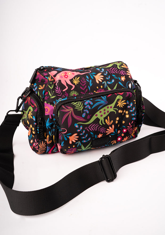 Front view of Black Dinosaur Print Cross Body Bag