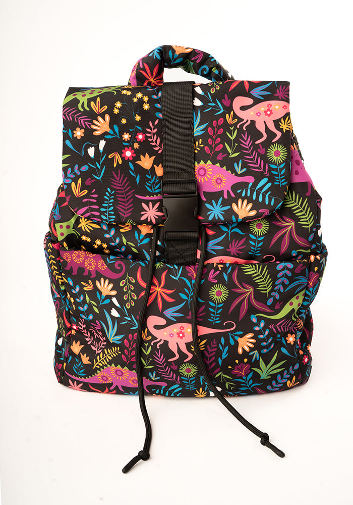 Front view of Black Dinosaur Print Drawstring Rucksack