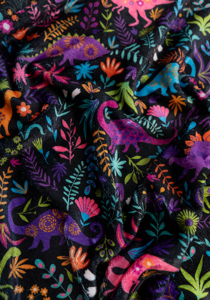 Black Dinosaur Print Plush Throw Blanket (Pop-Under)