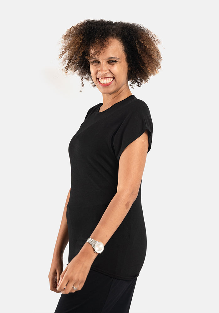 Black Extended Shoulder Round Neck Top
