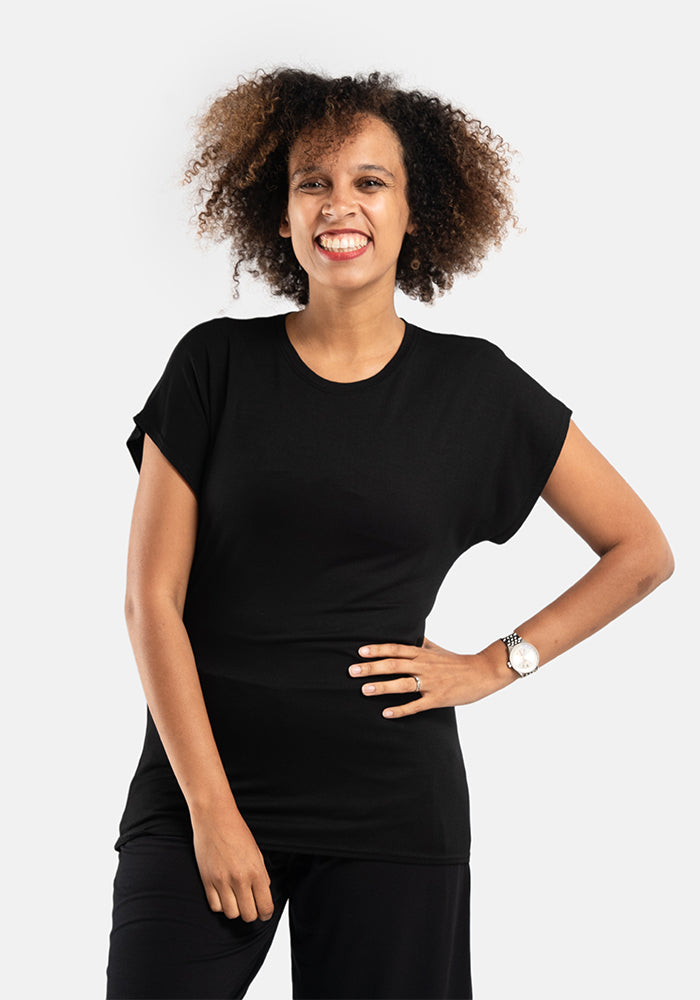 Front view of Black Extended Shoulder Round Neck Top