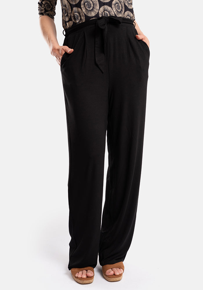 Front view of Melenia Black Full Length Viscose Trousers