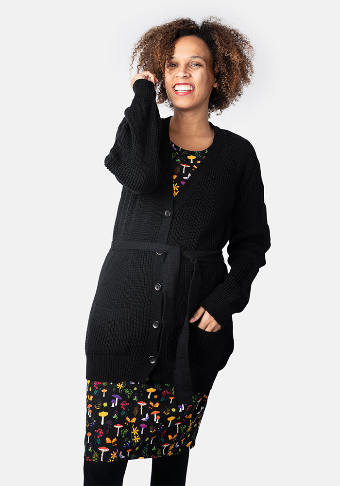 Front view of Black Long Line Cable Sleeve Cardigan