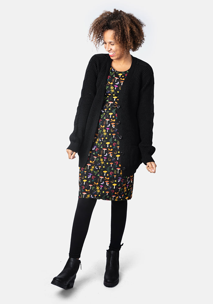 Third angle of Black Long Line Cable Sleeve Cardigan