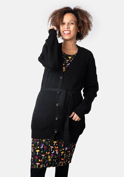 Black Long Line Cable Sleeve Cardigan