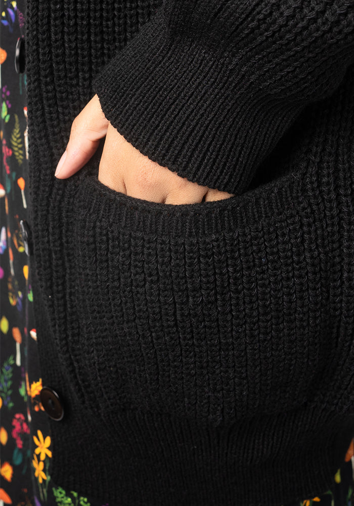 Second angle of Black Long Line Cable Sleeve Cardigan