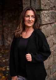 Black Long Line Ribbed Knitted Cardigan