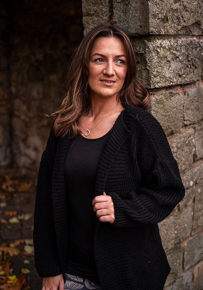 Black Long Line Ribbed Knitted Cardigan