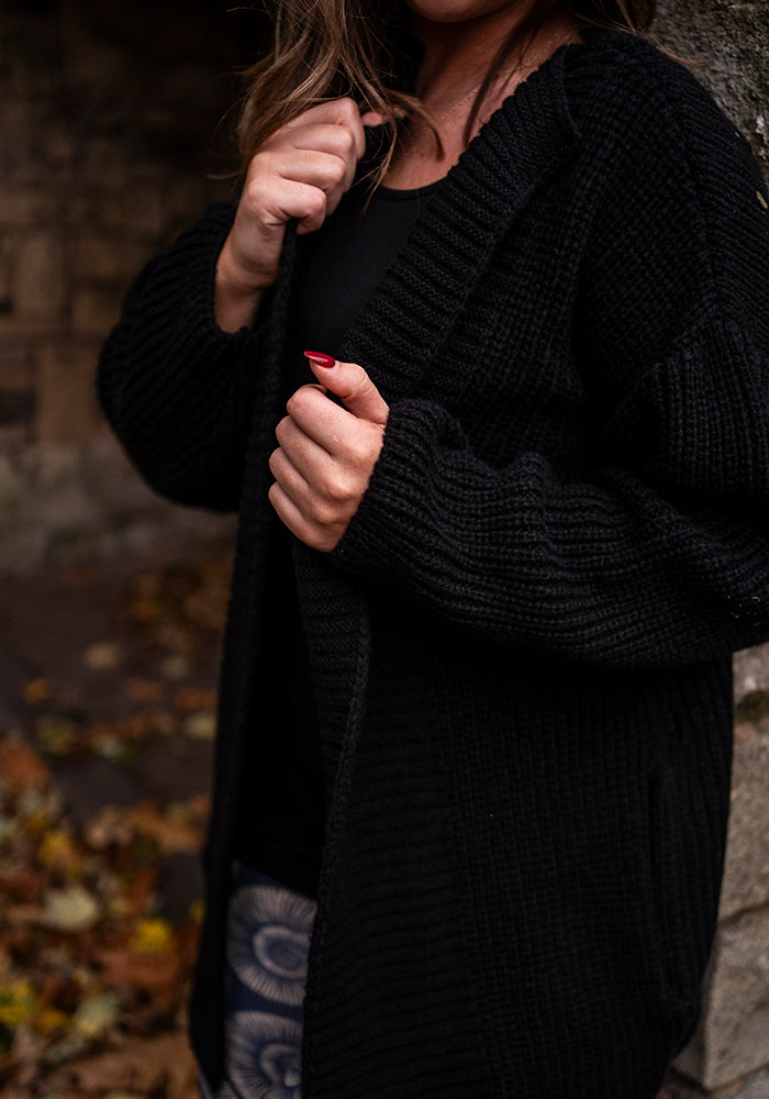 Black Long Line Ribbed Knitted Cardigan