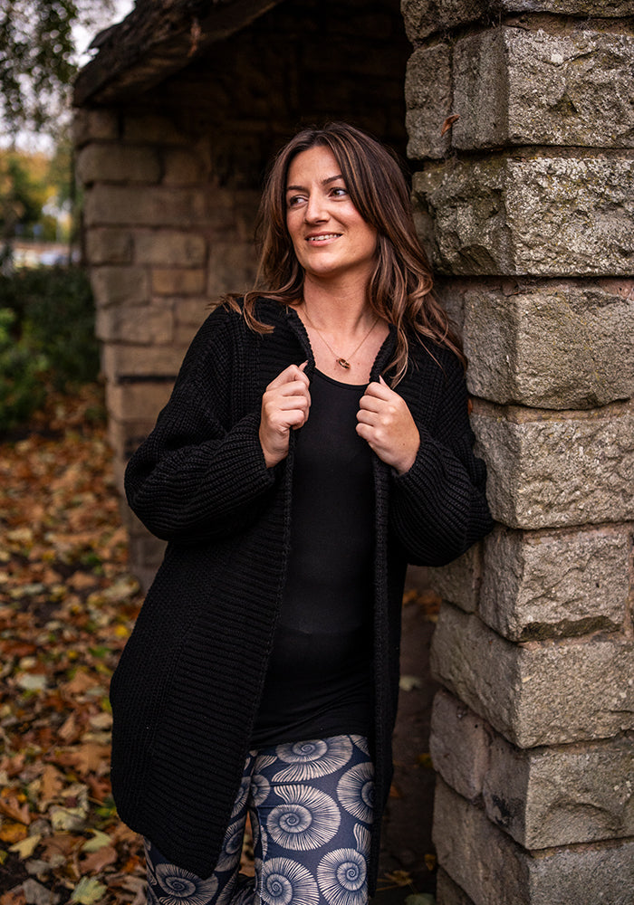 Black Long Line Ribbed Knitted Cardigan