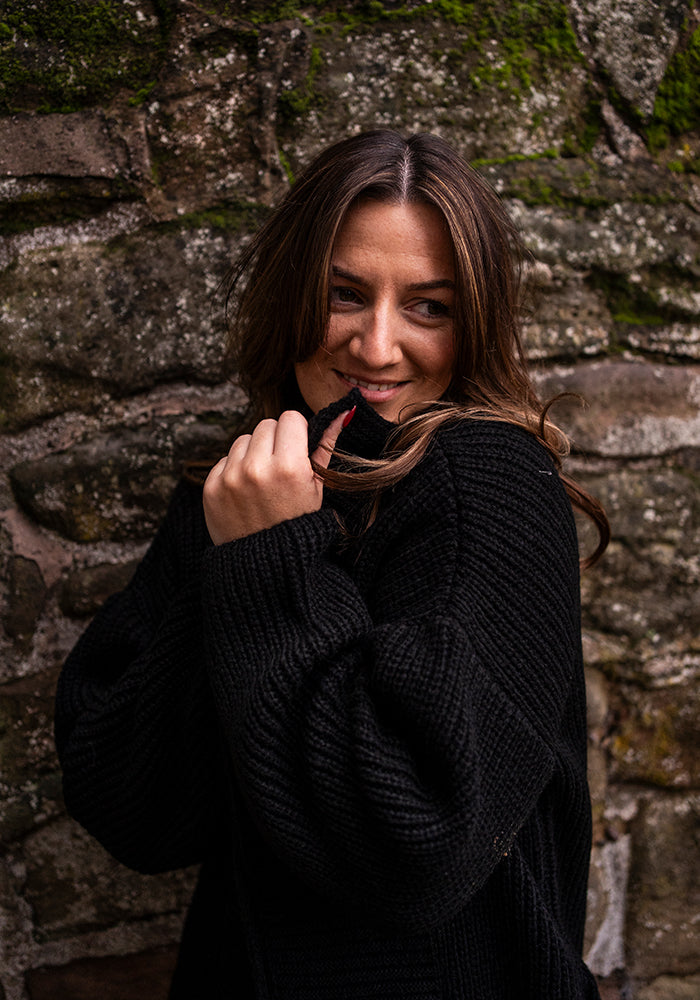 Black Long Line Ribbed Knitted Cardigan