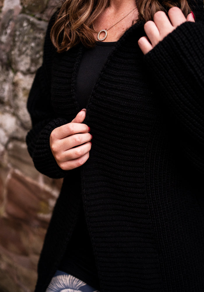 Black Long Line Ribbed Knitted Cardigan
