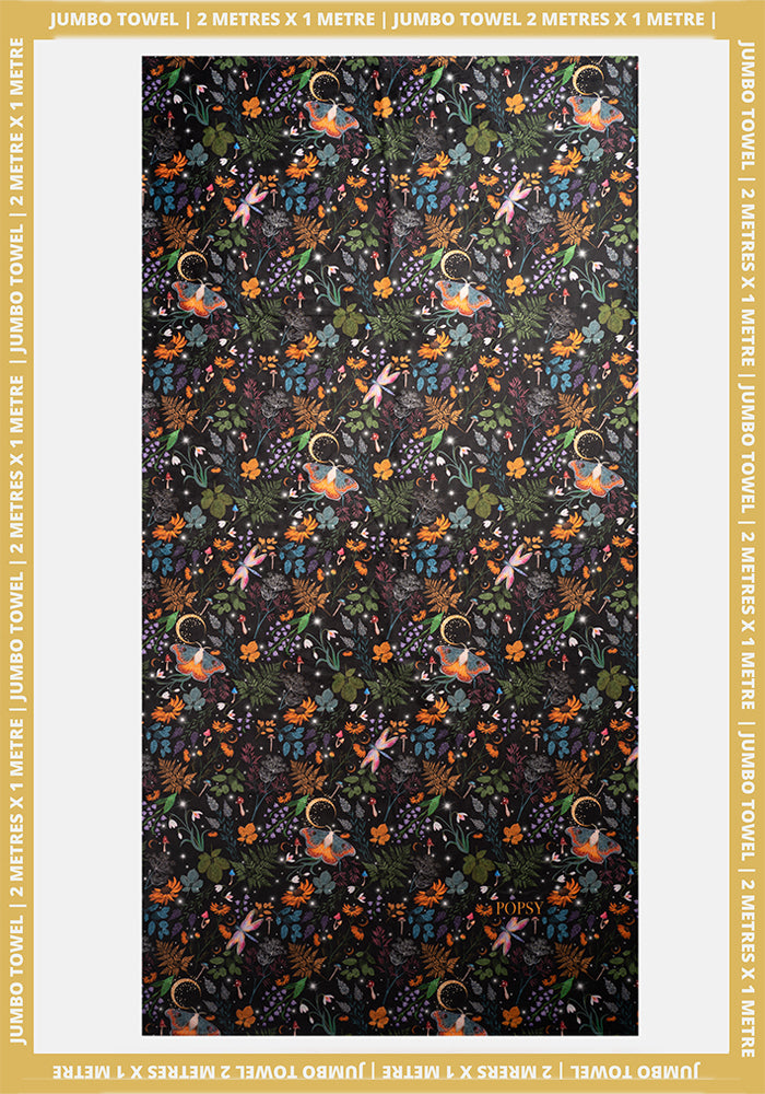 Front view of Black Magical Moth Print Jumbo Bath Sheet