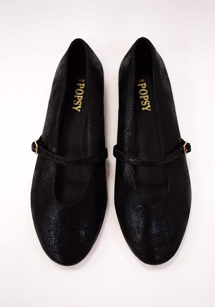Front view of Black Metallic Ballet Pump