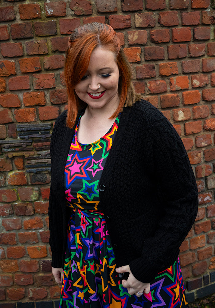 Front view of Black Moss Stitch Cardigan