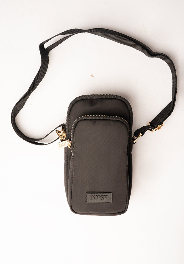 Front view of Black Phone Pocket Bag, a classic black phone pocket bag is the must-have accessory in every woman&