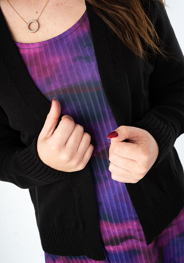 Second angle of Black Ribbed Cuff Knit Cardigan